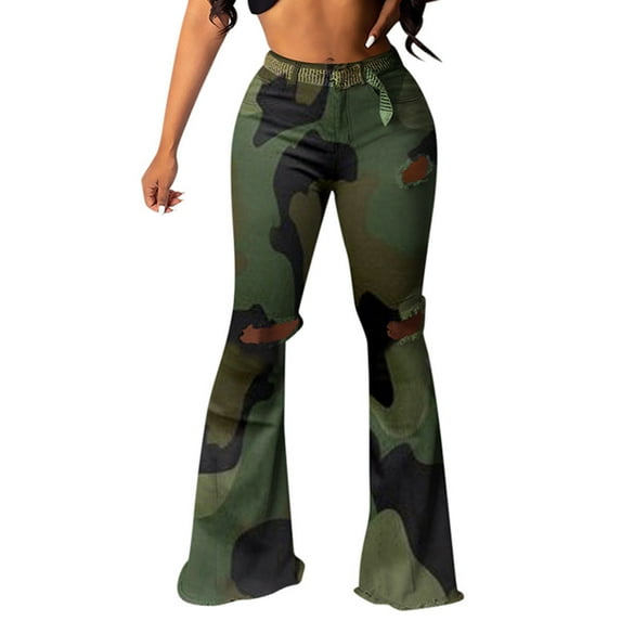 Baberdicy Flare Leggings Jean Ripped Denim High Bottom Plus for Women Distressed Bell Size Ophestin Waist Women's Jeans Women's Pants Camouflage