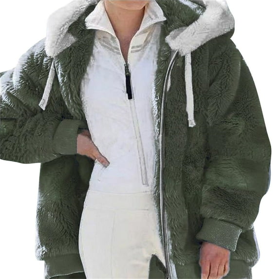 Baberdicy Fleece Jacket Women's Autumn and Winter New Casual Fashion Loose Plush Zipper Hooded Coat Fleece Jacket Army Green