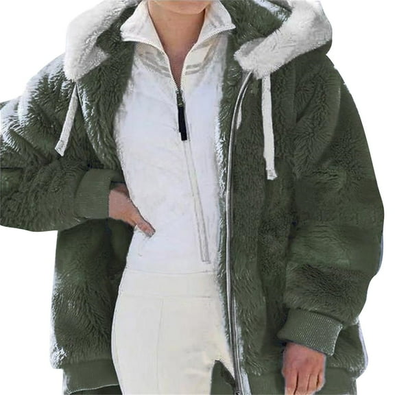 Baberdicy Fleece Jacket Women's Autumn and Winter New Casual Fashion Loose Plush Zipper Hooded Coat Fleece Jacket Army Green