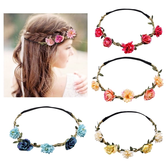 Baberdicy Flower Crown Headband for Women Girls, Small Rose Daisy Hair Wreath, Festival Bridal White Universal Fit