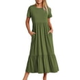 thumbnail image 1 of Baberdicy Flowy Dress Women's Summer Casual Short Sleeve Crewneck Swing Dress Casual Flowy Tiered Maxi Beach Dress with Pockets Casual Dress Army Green, Size:S-2Xl, 1 of 7