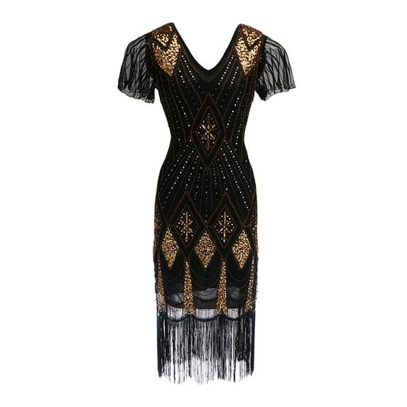 Baberdicy Fringe Dress Women V-Neck Short Sleeve Vintage Tassels Cocktail Flapper Dress Midi Length Casual Dresses for Women 2024 Trendy Black, Size:S-2Xl