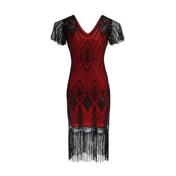 Baberdicy Fringe Dress Women V-Neck Short Sleeve Vintage Tassels Cocktail Flapper Dress Midi Length Casual Dresses for Women 2024 Trendy Wine, Size:S-2Xl
