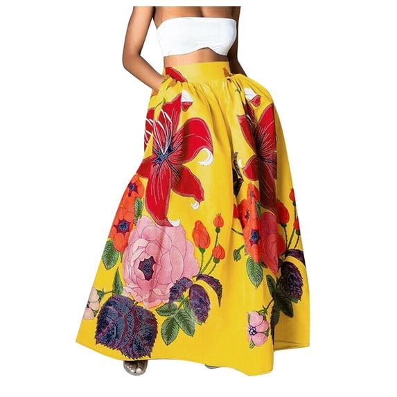 Baberdicy Girls Skirt Women Bohemian Floral Print Maxi Skirt High Waist Pocket Party Beach Long Skirt Yellow M