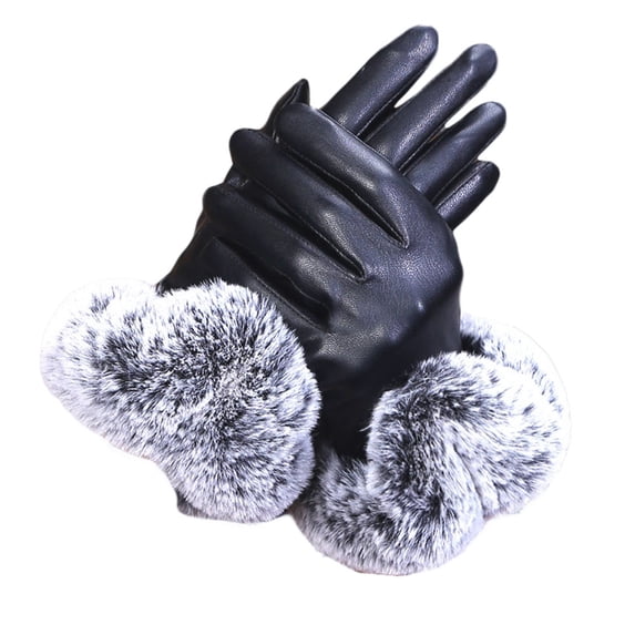 Baberdicy Gloves Women Lady Black Leather Gloves Autumn Winter Warm Rabbit Mittens Gloves for Cold Weather Black
