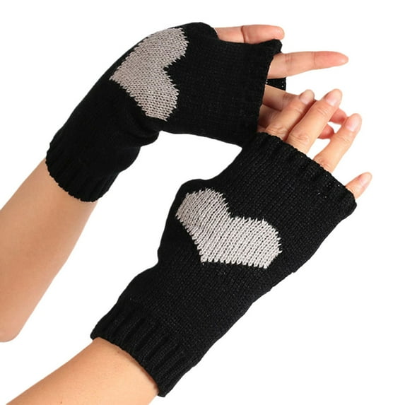 Baberdicy Gloves Women's Solid Color Heart Pattern Missing Half Finger Warm Knit Gloves Gloves for Cold Weather Black