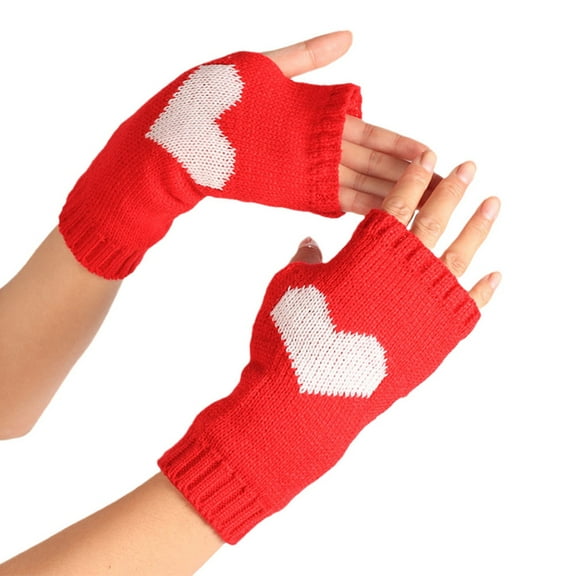 Baberdicy Gloves Women's Solid Color Heart Pattern Missing Half Finger Warm Knit Gloves Gloves for Cold Weather Red