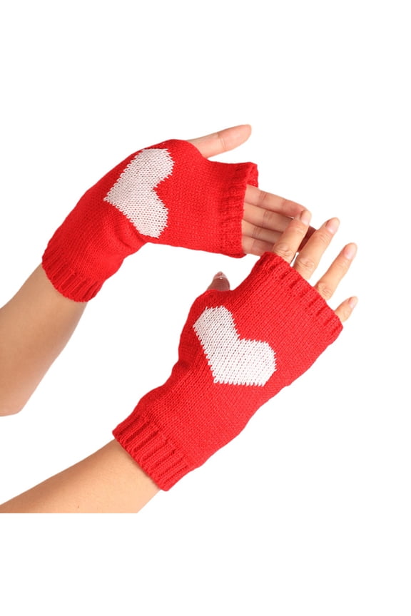 Gloves Women's Solid Color Heart Pattern Missing Half Finger Warm Knit Gloves Gloves for Cold Weather Red
