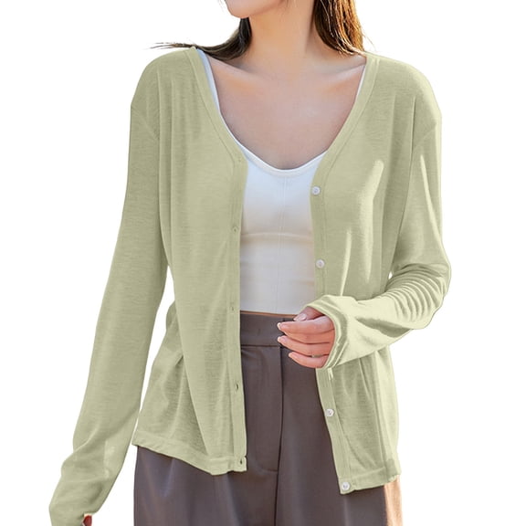 Baberdicy Green Women's Thin Long Sleeved V Neck Jacket Knitted Air Conditioning Shirt Cardigan Tops, L