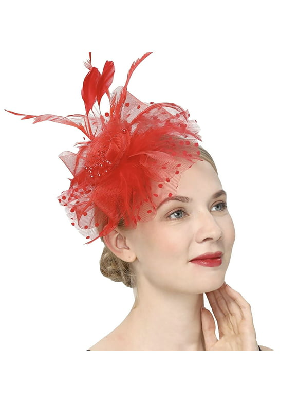 Baberdicy Hair Clips Fascinators for Women Tea Party Headband Hat Mesh Feathers Hair Clip for Wedding Cocktail and Church Fascinators Hats for Women Red