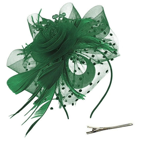Baberdicy Women's Fascinator - Feather Flower Headband - Wedding/Church Hat - Cocktail Party Hair Clip - Elegant Mesh Design - Gift Ready Green,One Size