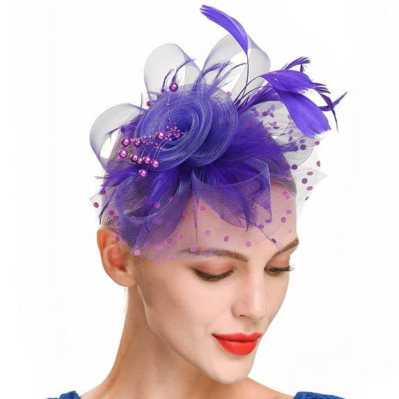 Baberdicy Hair Clips Hat for Women Feather Tea Party Bridal Wedding Cocktail Mesh Flower Headband Hair Clip Fascinators Hats for Women Purple