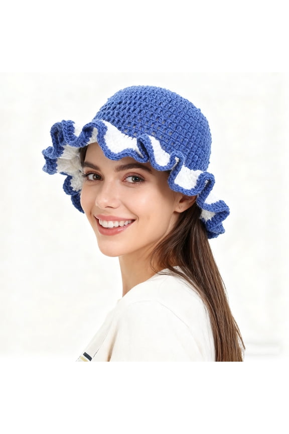 Hand Crochet Floppy Brim Hat, Colorful Bohemian Sun Hat, Festival Wide Brim Cap, Ideal for Women, Festival-Goers Music Festivals, Beach, Summer Parties, Boho Photo Shoots Blue