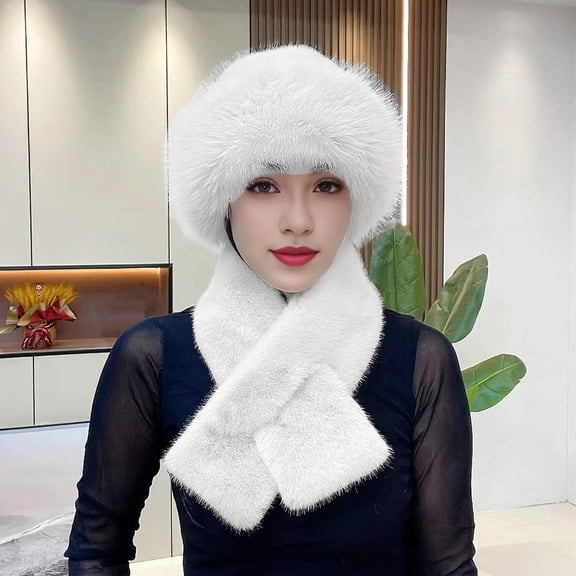 Baberdicy Hat And Scarf Set, 2-Piece Women's Winter Hat And Scarf Set, Fuzzy Plush Thickened Windproof Neck Warmer with Solid Color Dome Fisherman Hat, Full Set Cold Weather Accessories White
