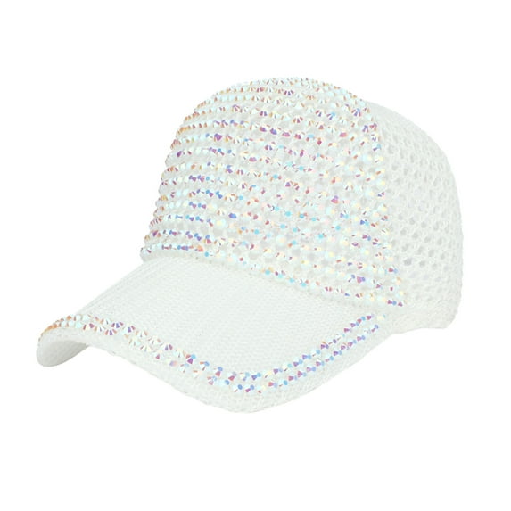 Baberdicy Hat Women Men Studded Rhinestone Crystals Adjustable Ponytail Mesh Baseball Cap Shiny Bling Casual Sports Cap Breathable Sun Hat Baseball Cap White