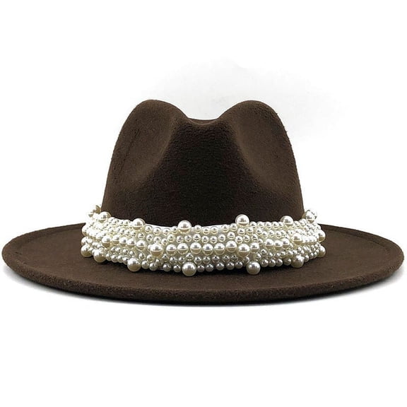 Baberdicy Hat Women's British Fashion Elegant Jazz Hat Pearl Ring with Top Hat Big Brim Hat Ladies Woolen Hat Bucket Hat Bronze