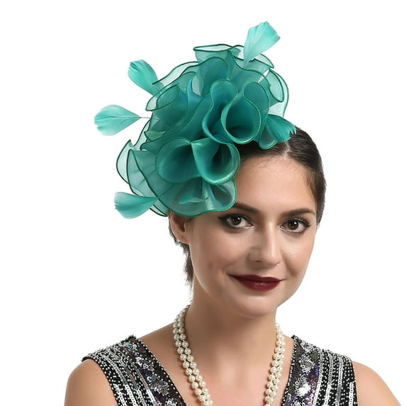 Baberdicy BQ-052 Feather Fascinator - Pearl & Tulle Hair Clip for Brides, Detachable Wedding Headdress, Green One Size
