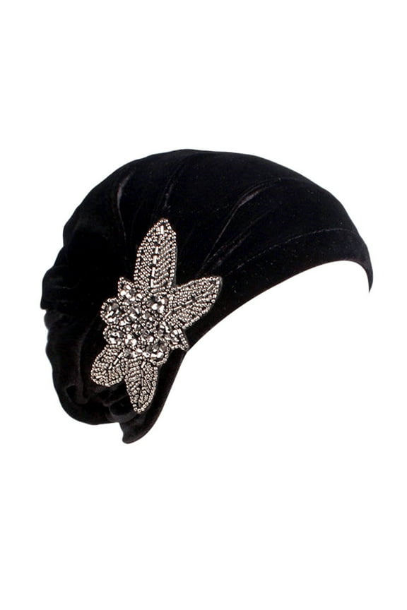Headbands for Women Under 5$, Women's Elegant Soft Velvet Turban Beanie with Beaded Flower Hat Chemo for Cancer Hair Loss Ladies Black