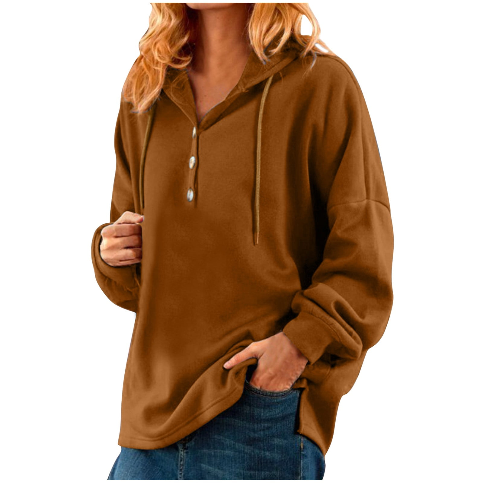 Baberdicy Hoodies for Women Casual Button V Neck Sweatshirts, Women's Casual  Top Shirt Long Sleeve Solid Color Pullover Hoodie Sweatshirt Brown, Size:  S-2Xl - Walmart.com