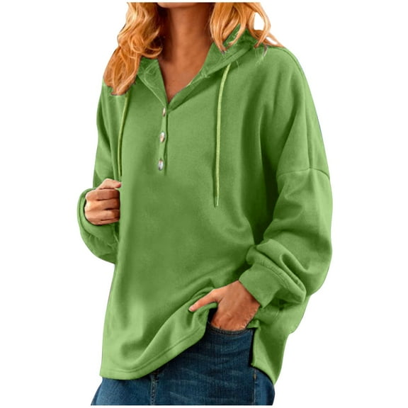 Baberdicy Hoodies for Women Women's Casual Long Sleeve Solid Color Button Down Pullover Hoodie Sweatshirt Tops Blouse Womens Sweatshirts Green 2Xl