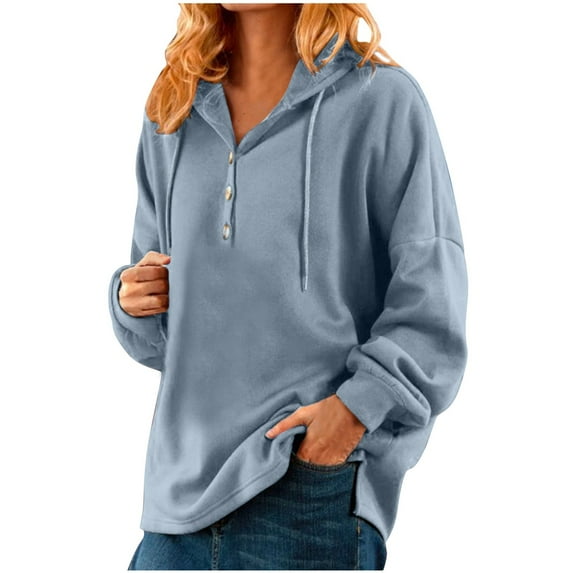 Baberdicy Hoodies for Women Women's Casual Long Sleeve Solid Color Button Down Pullover Hoodie Sweatshirt Tops Blouse Womens Sweatshirts Grey M