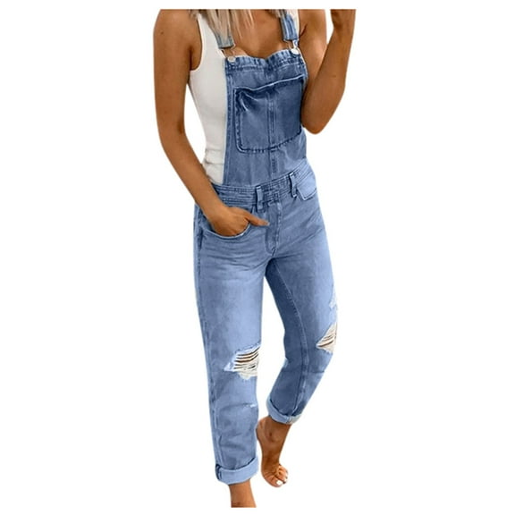 Baberdicy Jumpsuit Casual Women's Denim Rompers Denim Overalls Ripped Washed Bib Jumpsuits Jeans Women's Jeans Denim Jumpsuit Light Blue