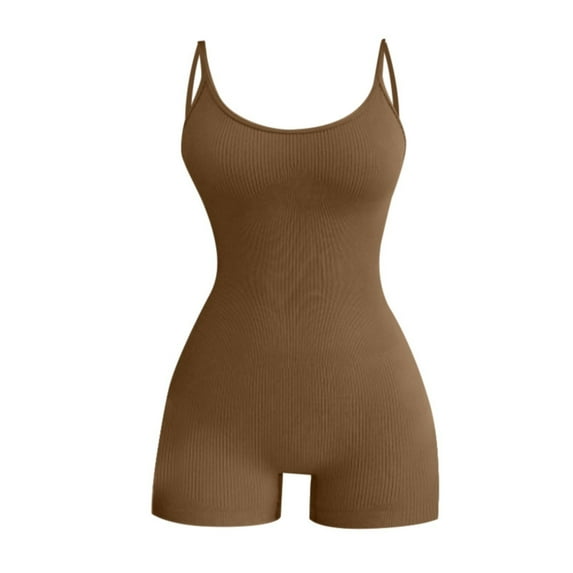 Baberdicy Jumpsuits for Women Clearanceï¼Women's Round Neck Sleeveless Suspender Solid Color Jumpsuit Suspender Bodysuit Shapers Bodysuit Brown