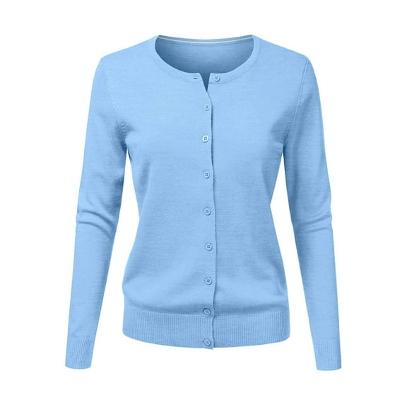 Baberdicy Knit Cardigan Women's Round Neck Cardigan Knitted Long Sleeved Large Yards Loose Solid Color Short Sweater Jacket Cardigan Sky Blue M