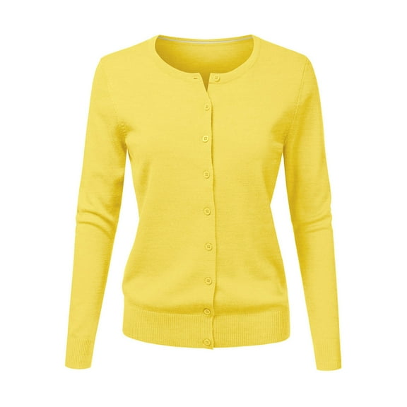 Baberdicy Knit Cardigan Women's Round Neck Cardigan Knitted Long Sleeved Large Yards Loose Solid Color Short Sweater Jacket Cardigan Yellow 2Xl