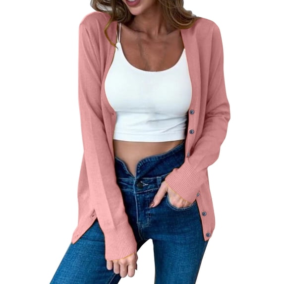 Baberdicy Knit Cardigan Womens Solid Button Down Long Sleeve Classic V Neck Knit Cardigan Sweater Casual Shorts ( Pink M )