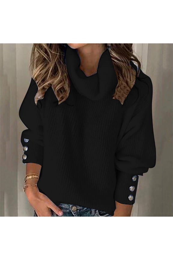 Knit Pullover, Black Women's Bow-Collar Knit Top – Button-Sleeve Sweater for Autumn Brunch, Office Meetings & Layering | Warm Acrylic Blend, Ribbed Hem S