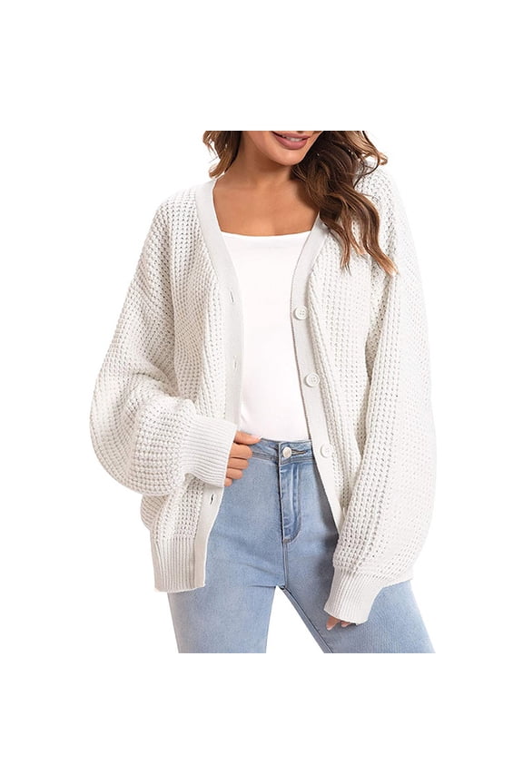 Knitted Sweate Women Casual Cardigan Sweater Coat Button Down Long Sleeve Oversized Knit Cardigans Women's Cardigans White