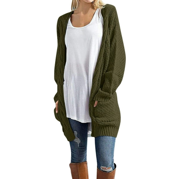 Baberdicy Knitted Sweate Women Loose Open Front Long Sleeve Chunky Knit Cable Cardigans Sweater with Pockets Women's Cardigans Army Green