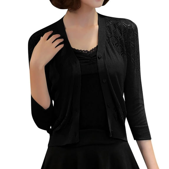 Baberdicy Knitted Sweate Women's Solid Color Cardigan Hollow Out Knit Sweater Short Coat Women's Cardigans Black