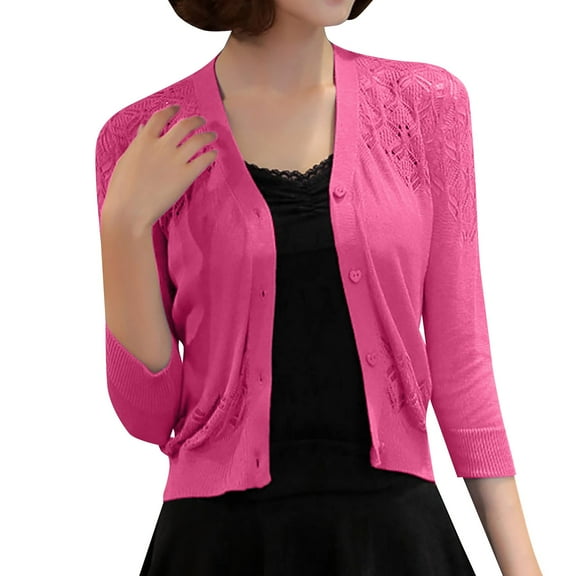 Baberdicy Knitted Sweate Women's Solid Color Cardigan Hollow Out Knit Sweater Short Coat Women's Cardigans Hot Pink
