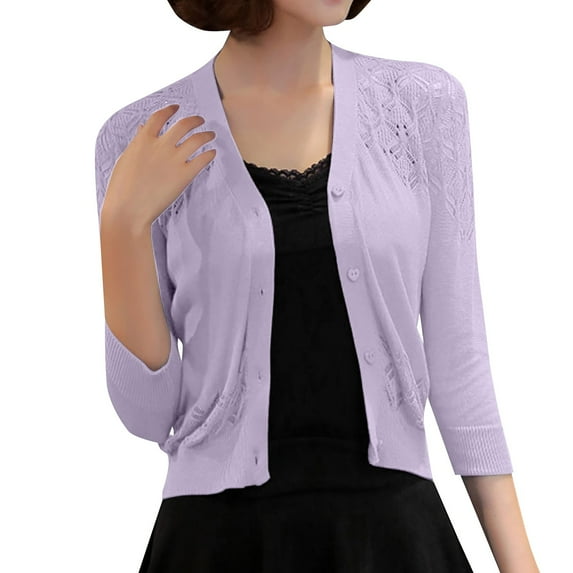 Baberdicy Knitted Sweate Women's Solid Color Cardigan Hollow Out Knit Sweater Short Coat Women's Cardigans Purple
