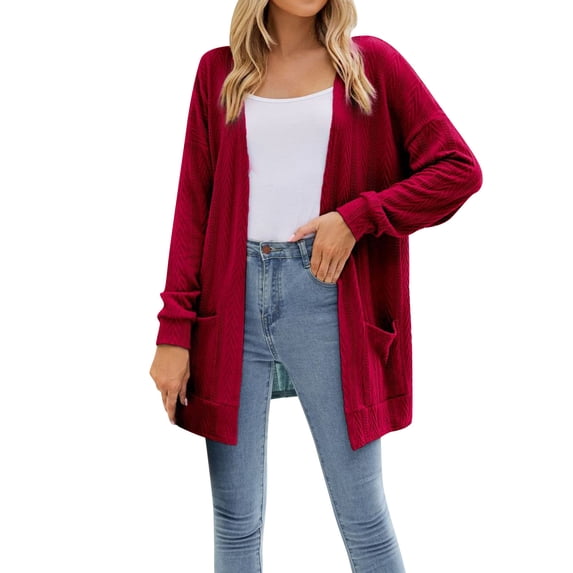 Baberdicy Knitted Sweate Womens Loose Open Front Long Sleeve Chunky Knit Cable Cardigan Sweater with Pockets Cardigan Sweaters for Women Lightweight Red