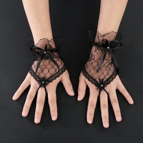 Baberdicy Lace Gloves Women, Women's Sexy Thin Lace Fingerless Gloves with Elegant Bowknot, Evening Bridal Short Gloves for Wedding, Party, Prom And Special Occasion Accessories Grey