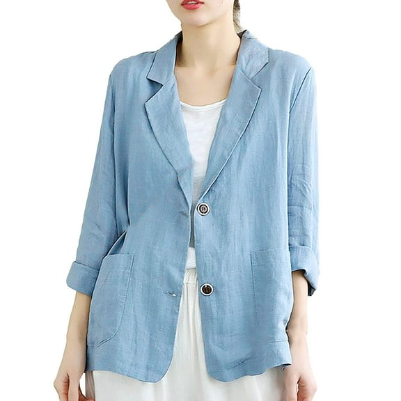 Baberdicy Lady Blazer Women's Linen Blouse Casual Long Sleeve Jacket Women's Blazers & Suit Jackets Blue