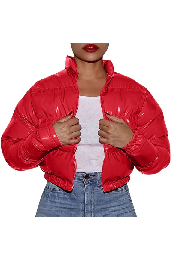 Lady Cotton Clothes Women Autumn and Winter Cotton Coat Shiny Metal Short Cotton Coat Essentials Women's Heavyweight Puffer Jacket Red