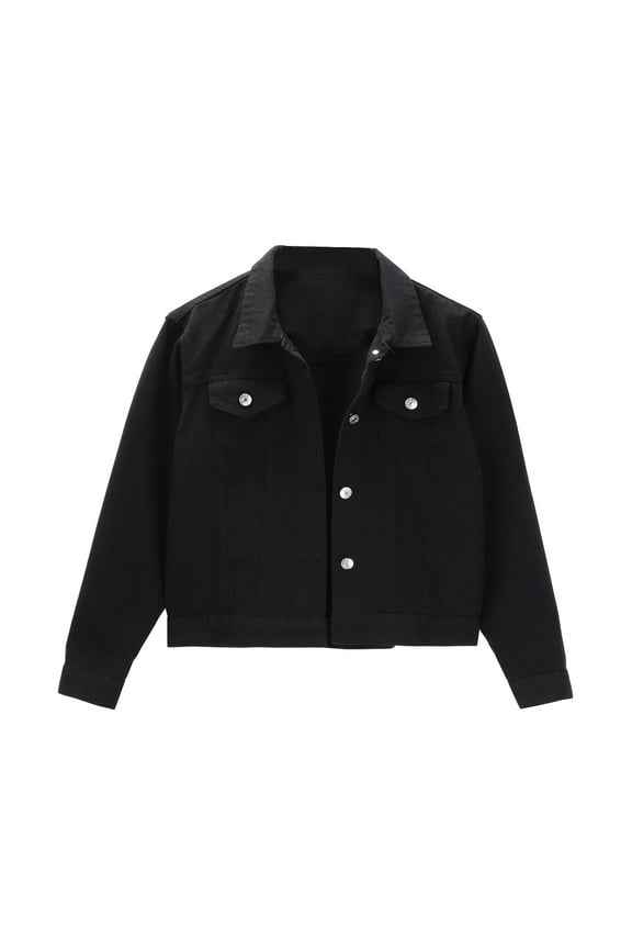 Lady Jacket Women's Basic Solid Color Button Down Denim Cotton Jacket with Pockets Crop Jacket Coat Denim Coat Black