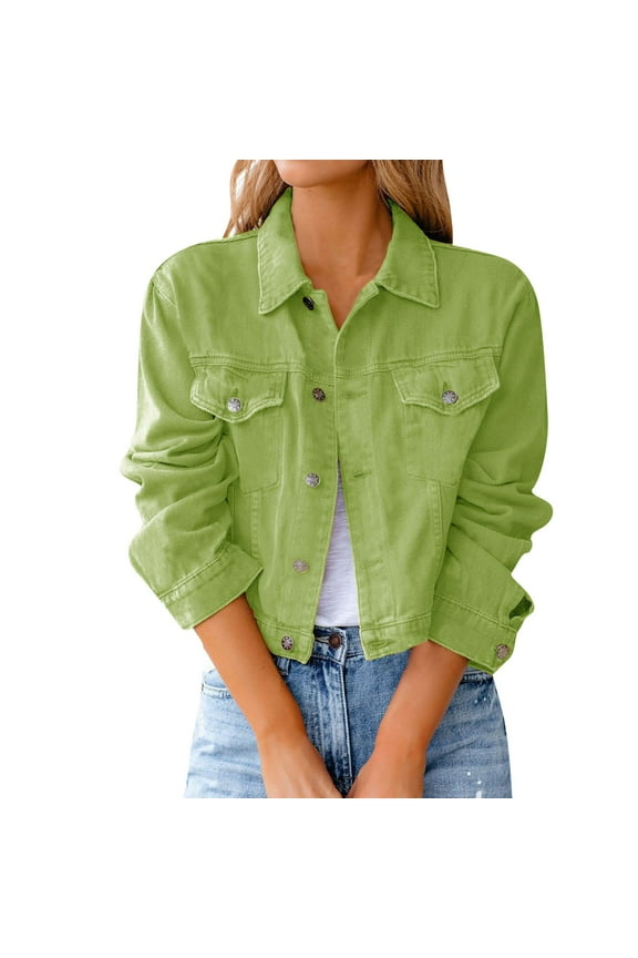 Lady Jacket Women's Basic Solid Color Button Down Denim Jacket Crop Jacket Coat Denim Coat Green