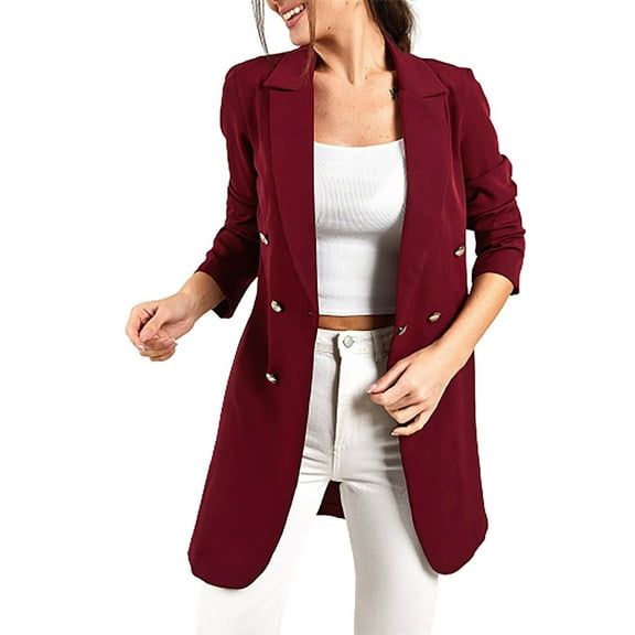 Baberdicy Lady Jacket Women's Solid Color V Neck Long Sleeve Double Breasted Business Suit Medium Length Suitable for Daily Commute Wear Suit Casual Lohas Time Coat Womens Blazer Red