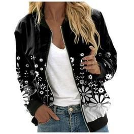 Fulijie Short Black Shiny Bomber Jacket For Women Womens Fleece Jackets Womens Casual Daily Jackets Lightweight Zip Up Jacket Floral Print Coat Stand Collar Short Sports Outwear Zipper Tops Walmart ...
