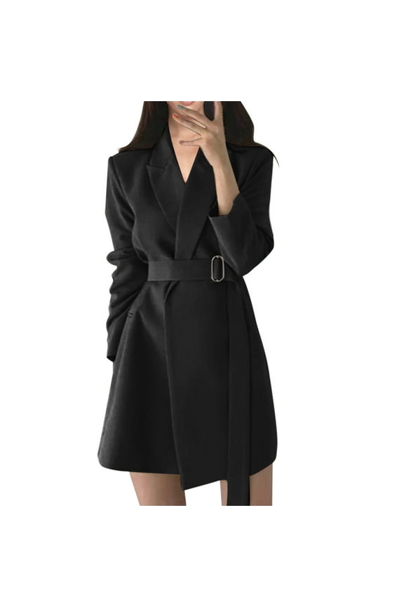Lady Trench Coat Women's Tailored Collar Solid Color Relaxed and Casual Long Sleeved Mid Length Version Coat Trenchcoat Women's Black