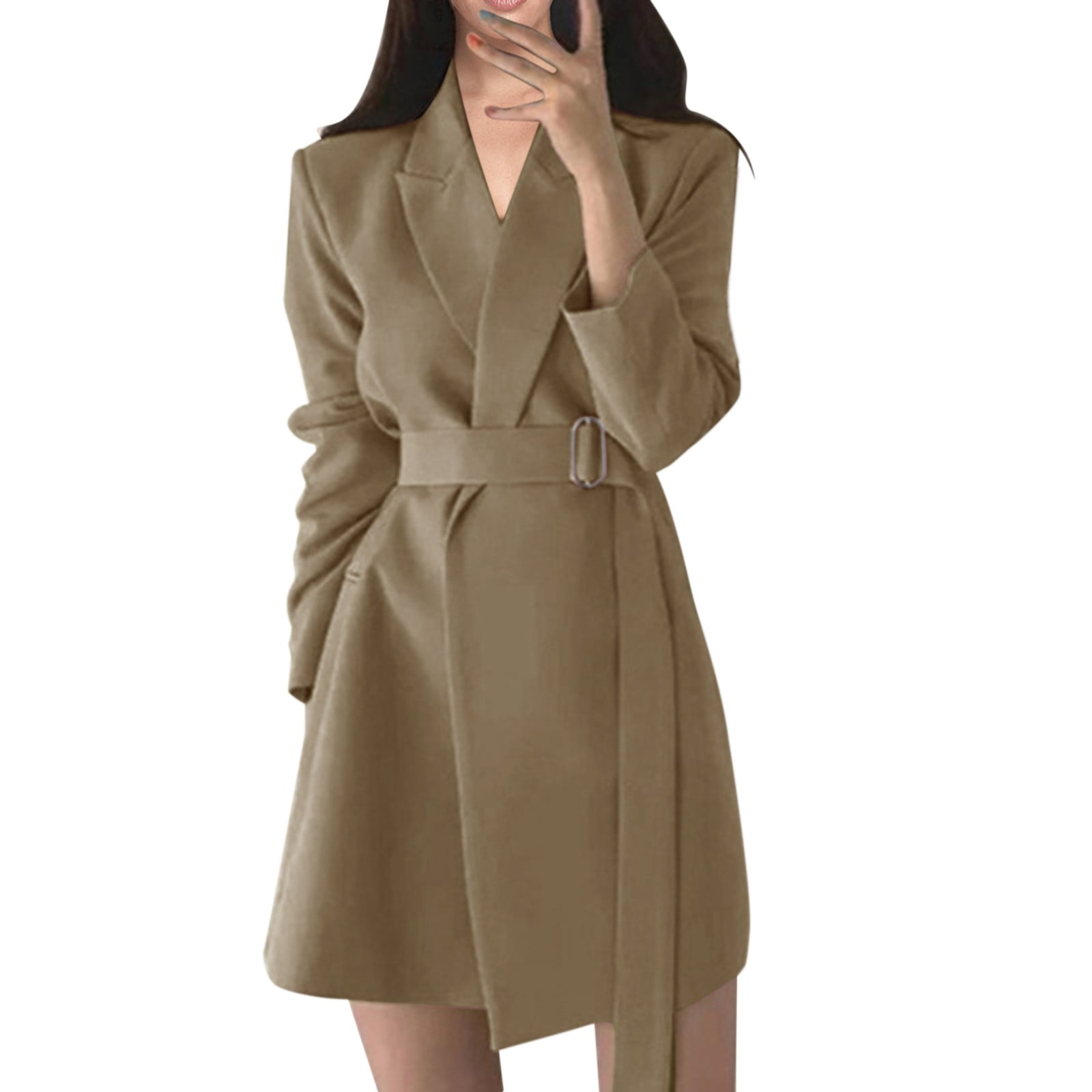 Baberdicy Lady Trench Coat Women's Tailored Collar Solid Color Relaxed and  Casual Long Sleeved Mid Length Version Coat Trenchcoat Women's Khaki -  Walmart.com