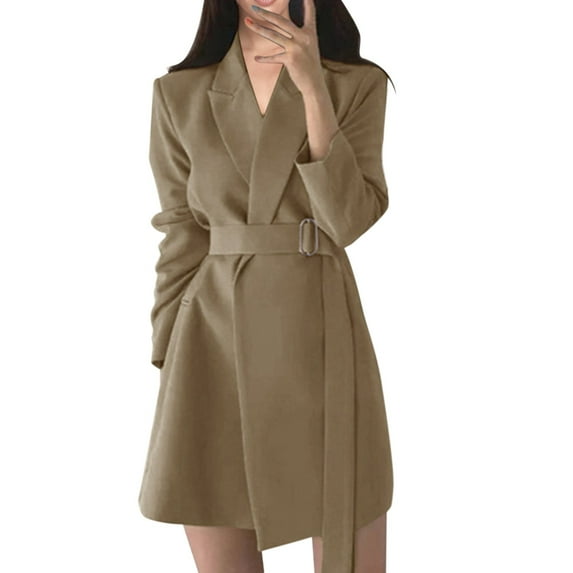 Baberdicy Lady Trench Coat Women's Tailored Collar Solid Color Relaxed and Casual Long Sleeved Mid Length Version Coat Trenchcoat Women's Khaki