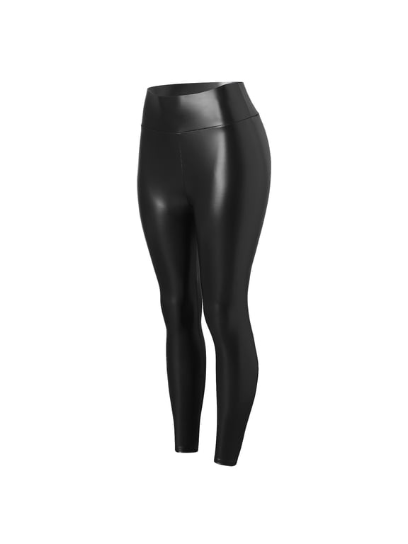 Leather Pants Faux Pants Leggings Stretch Waisted Womens High Leather Pleather Pants Women's Pants A-Black