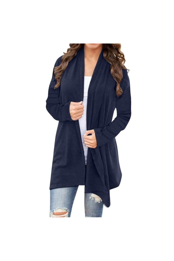 Lightweight Knit Cardigan - 2025 Long Sleeve Open Front Duster Sweater (Soft Drape Fabric | Loose Fit | Versatile Layering Piece) (Navy | S)