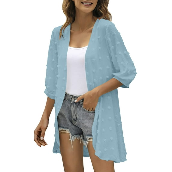 Baberdicy Long Cardigans for Women Trendy Women Casual Cardigan Three Quarter Sleeve Open Front Lightweight Dots Cardigan Draped Ruffles Cardigan Cardigan Sweaters for Women Sky Blue Xl